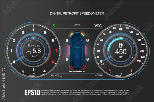 Neumorphic UI Illustration of car dashboard panel with speedometer, tachometer, odometer, fuel gauge, Tyre press indicator and gear position indicator. Modern car digital LCD instrument cluster.