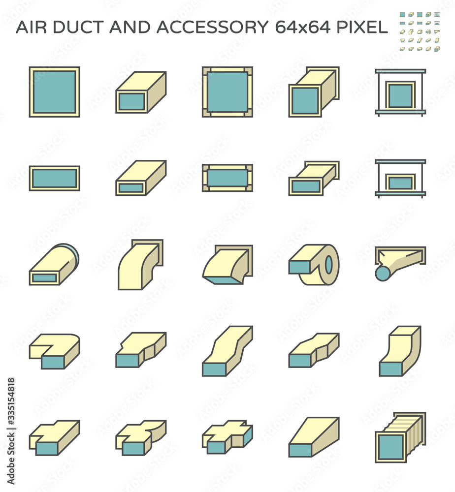 Air duct and accessory icon set, 64x64 perfect pixel and editable stroke. Air duct and accessory icon set, 64x64 perfect pixel and editable stroke.