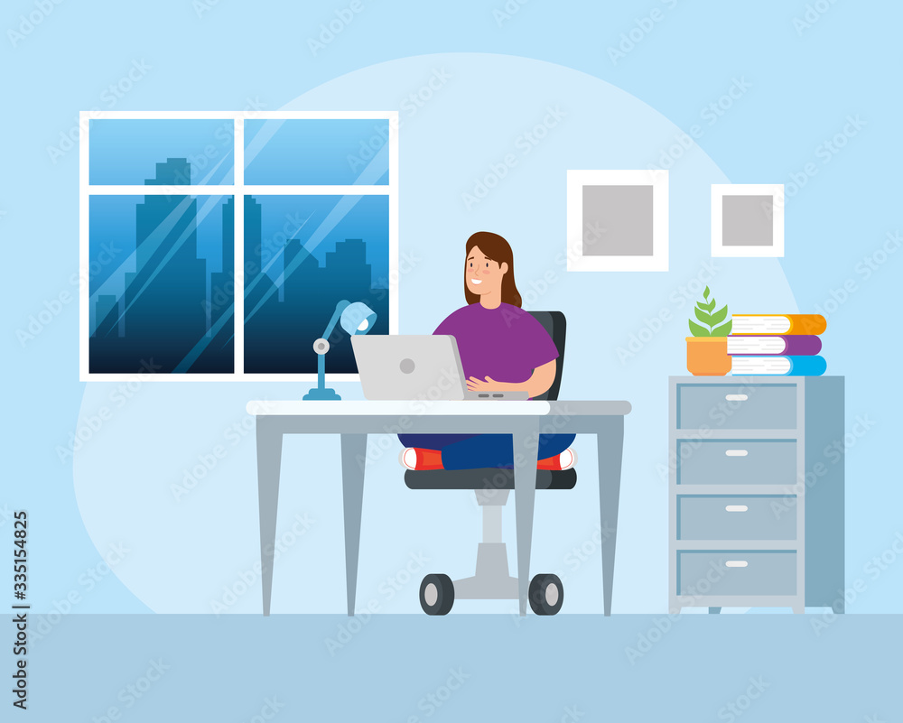 Fototapeta premium scene woman working at home avatar character vector illustration design