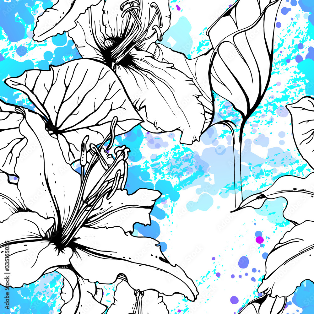 Fototapeta premium Floral Black White Pattern. Modern Watercolor