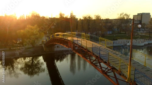 man on the bridge drone sunset video, 4k video