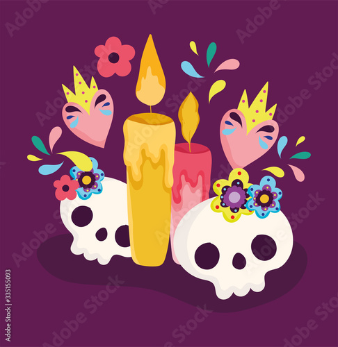 day of the dead, catrinas and candles with flowers decoration traditional celebration mexican