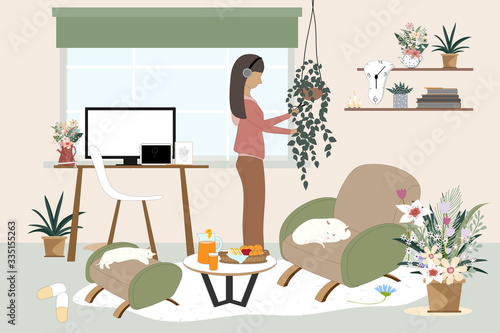 A Girl gardening indoor houseplant in living room,Working woman relaxing with her pets and decorating house after finished her work on computer, Stay Home on Quarantine during the Coronavirus Epidemic