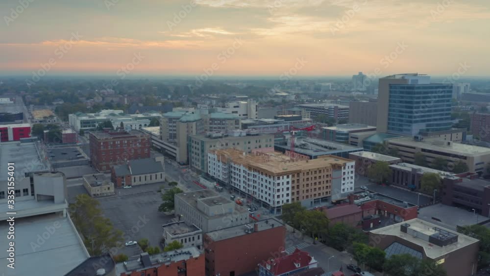 Aerial: downtown city skyline at sunrise. Columbus, Ohio, USA. Aerial: downtown city skyline at sunrise. Columbus, Ohio, USA.