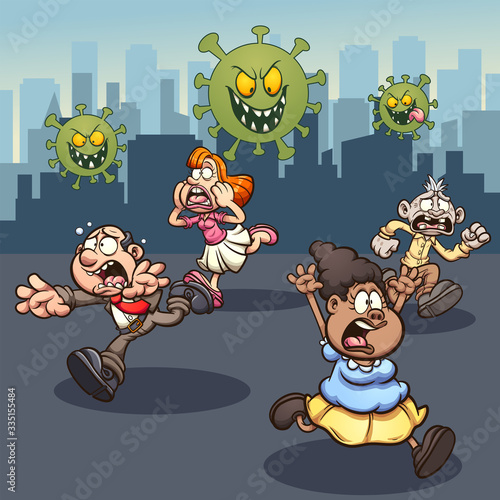 People running away in panic from corona virus. Vector cartoon clip art illustration with simple gradients. Some elements on separate layers.
