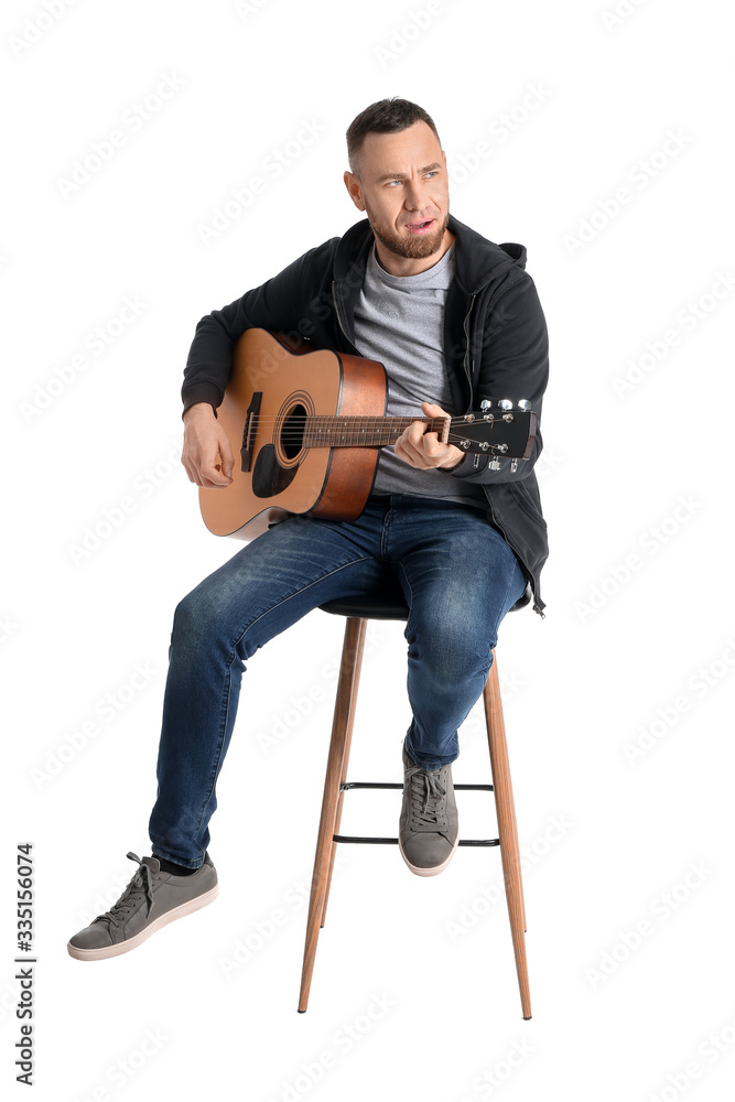Male singer with guitar on white background Male singer with guitar on white background
