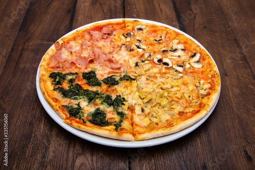 Classic Italian pizza on a wooden table