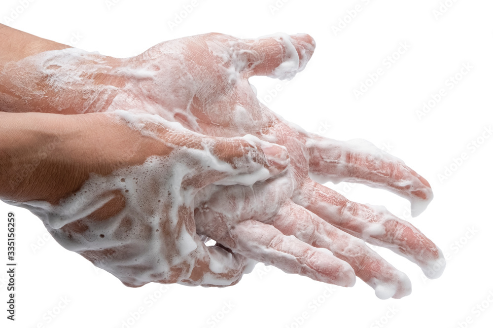 man is washing his hands with liquid foam soap isolated on white background with clipping path man is washing his hands with liquid foam soap isolated on white background with clipping path