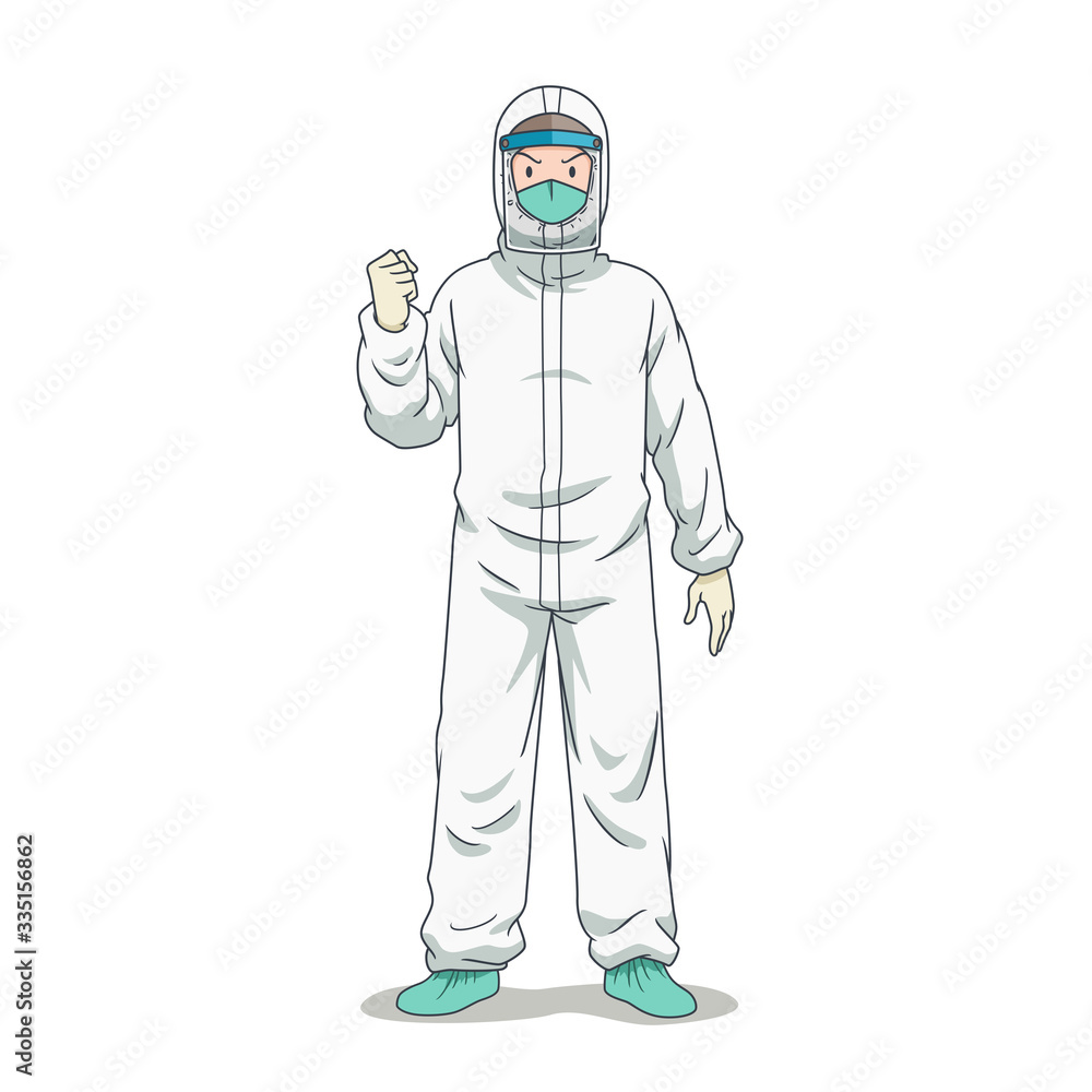 Cartoon character of doctor in safety protective clothing.	