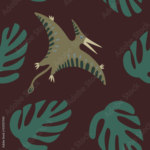 pterodactyl with monstera leaf pattern on brown background
