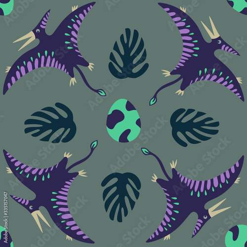violet pterodactyl with green tropic leaf and egg seamless pattern