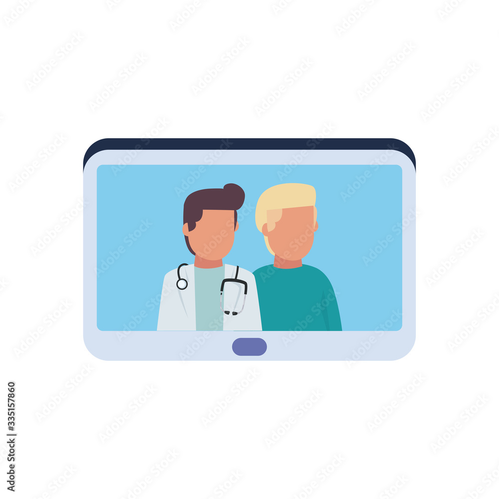 Man doctor with stethoscope and pacient inside tablet flat style icon vector design Man doctor with stethoscope and pacient inside tablet flat style icon vector design