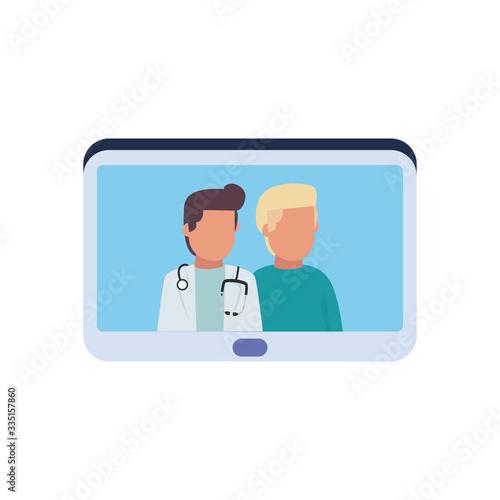Man doctor with stethoscope and pacient inside tablet flat style icon vector design