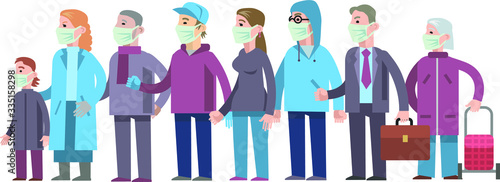 A group of different people, a crowd of people in white protective masks protect themselves from the coronavirus (2019-nKoV). Vector illustration in a flat style.