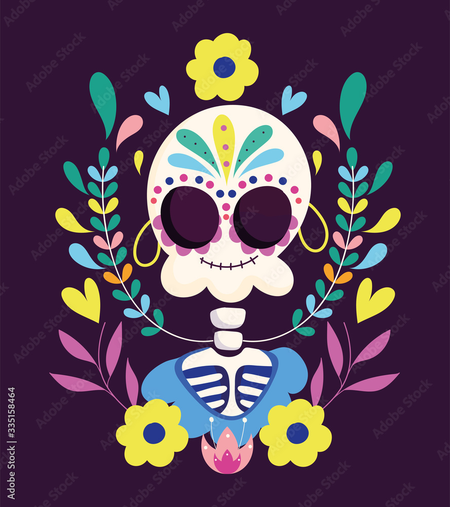 day of the dead, catrina with flowers earrings decoration traditional mexican celebration