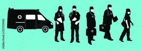 Silhouette of emergency doctors in medical uniforms and medical masks. Outline drawing of an ambulance. Flat infographics in vector style.