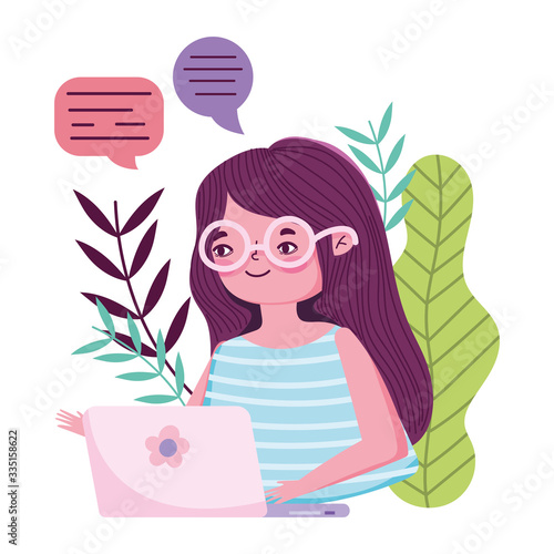 stay at home, young woman with laptop chatting quarantine prevention, covid 19