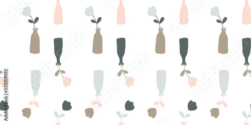 Seamless vector pattern with branches, leaves, flowers, bottles, vases. Design for fabric, wrapping paper and advertizing