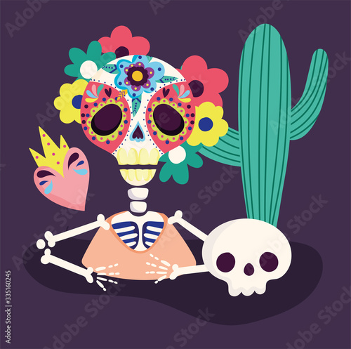 day of the dead, skeleton flowers skull cactus and heart decoration traditional celebration mexican