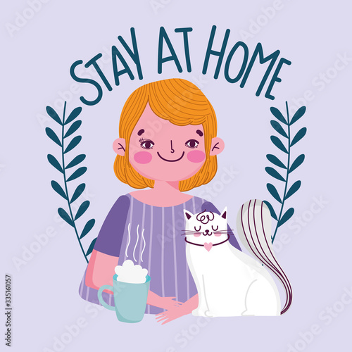 stay at home  young man with coffee cup and cat quarantine covid 19