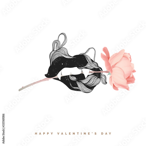Valentine greeting card, sexy lips with fangs line art ink drawing holding pink rose