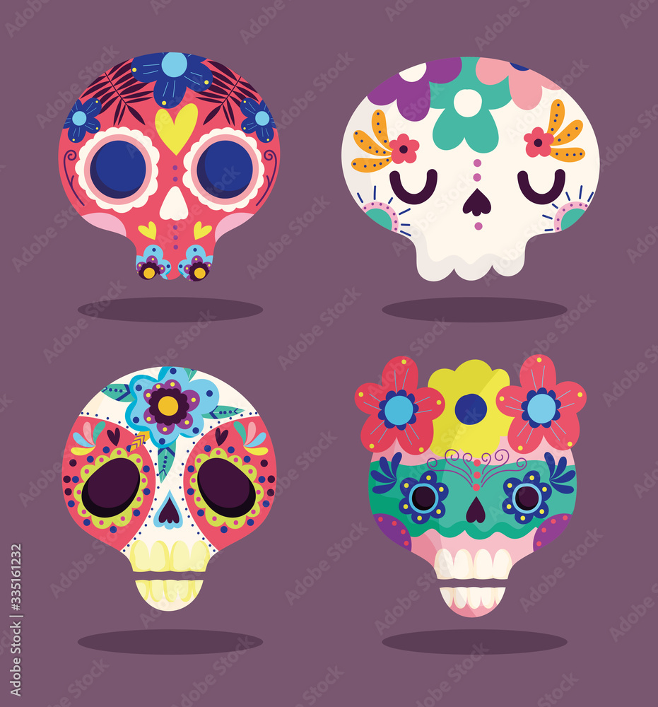 day of the dead, decorative sugar catrinas flowers culture traditional celebration mexican icons