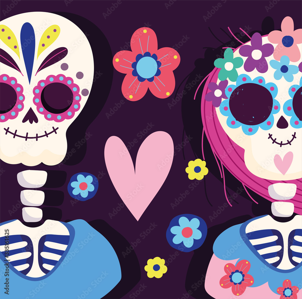 Φωτογραφία day of the dead, couple skeleton heart flowers traditional mexican celebration