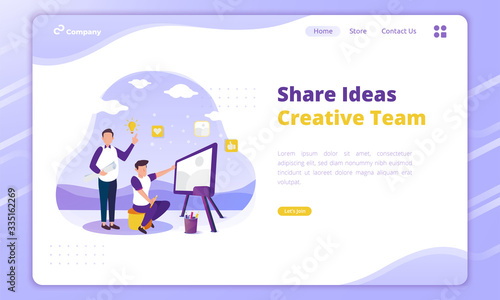 Creative team illustration to share ideas concept on landing page template