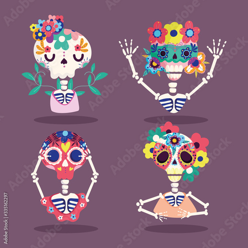 day of the dead, skeletons flowers characters decoration traditional celebration mexican