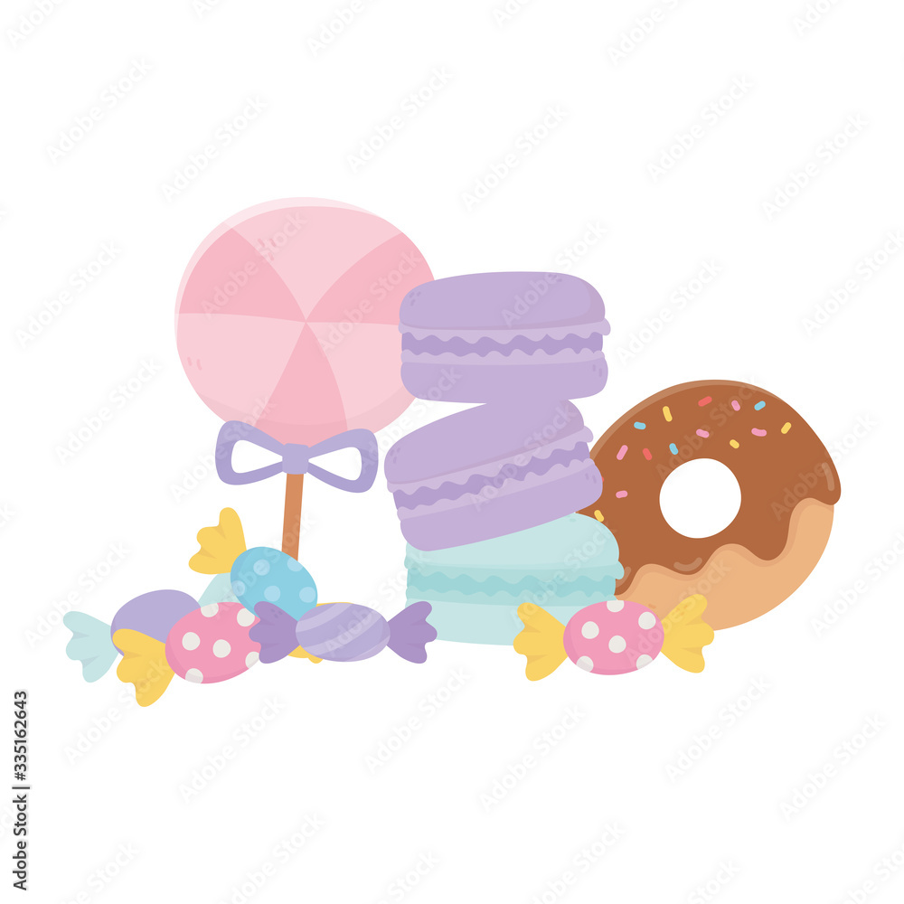 candy in stick caramels donuts and macaroons sweet confectionery isolated icon