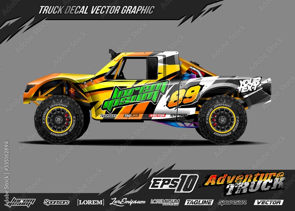 Fototapeta premium Speed off road truck wrap graphic design vector. Abstract sporty and adventure racing background. Full vector eps 10