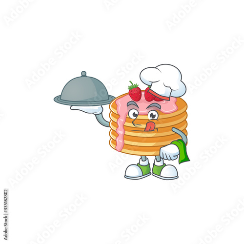 A strawberry cream pancake chef cartoon design with hat and tray