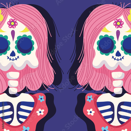 day of the dead, women skeleton clothes flowers traditional mexican celebration