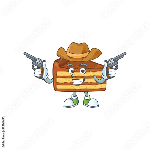 A cowboy cartoon character of chocolate slice cake holding guns