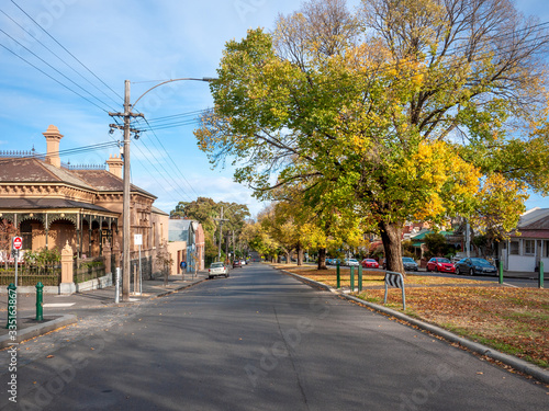 Fotografie Quiet neighborhood street lined with old residential houses and autumn trees