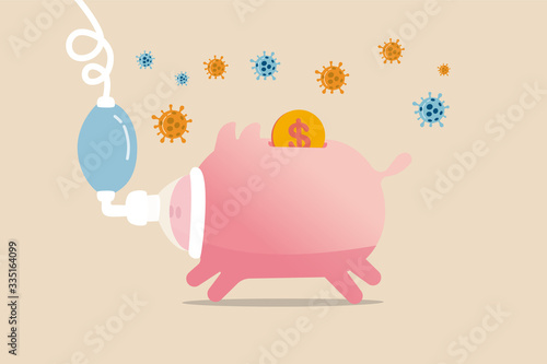 Coronavirus COVID-19 crash causing economic recession, global economics critical impact from Coronavirus outbreak concept, sick piggy bank in critical put on ventilator with COVID-19 virus pathogen.