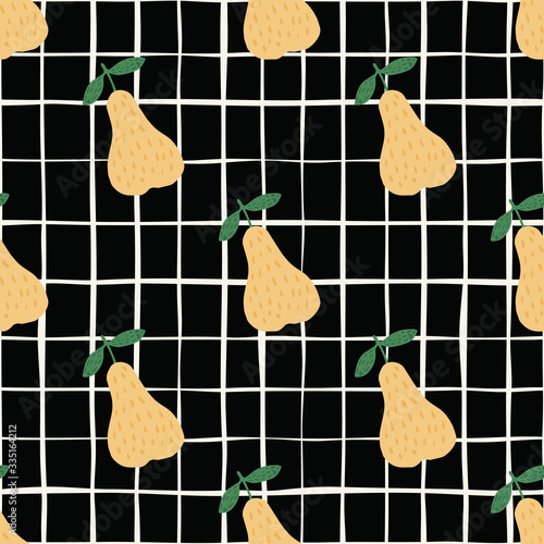 Creative yellow pears seamless pattern on black background. Cute fruits wallpaper