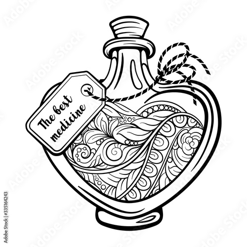 Bottle with magic healing potion. Black and white vector graphic. Antistress coloring page.
