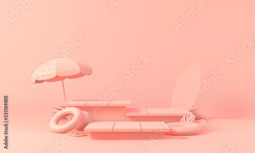 Pink box block square podium palm leaves in Summer pink background. decorate by ball  swim ring sunglasses. scene display stage platform showcase, product, sale, banner, cosmetic, offer. 3D render