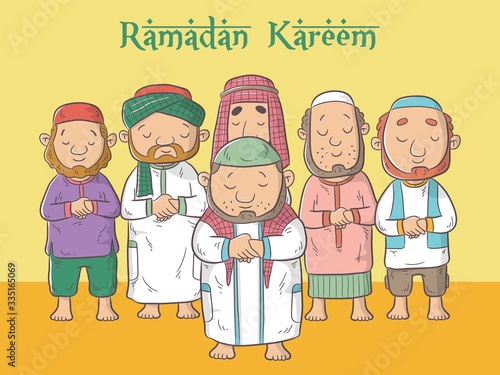 Muslim people praying in mosque, ramadan kareem means happy fasting ramadan