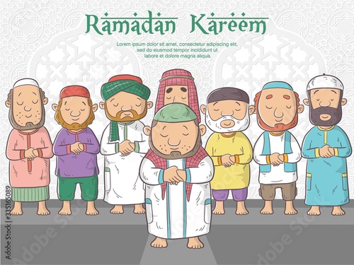 Muslim people praying in mosque, ramadan kareem means happy fasting ramadan