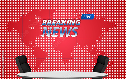 white table and chairs with world map on lcds background in the news studio room