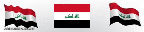 Flag of the Republic of Iraq in a static position and in motion, developing in the wind, on a white background