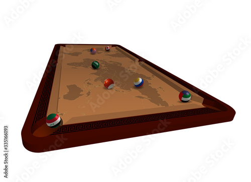 pool table with billiard balls in the form of OPEC oil countries. Struggle of Russia and Saudi Arabia for fuel market. Difficult situation, defeat or victory. Isometric illustration of oil crisis