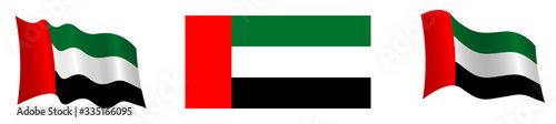 Flag of the United Arab Emirates in a static position and in motion, developing in the wind, on a white background