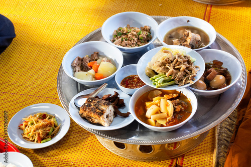 Thai local food set for serve guest people join in married traditional  retro style at countryside village in Yasothon, Thailand