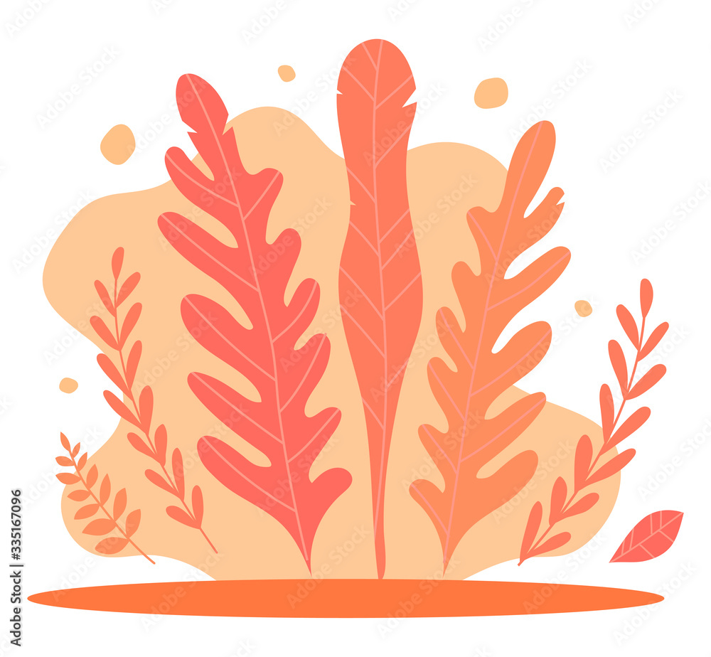 Vector abstract red background with leaves and woods for illustration, design, page landing. Template with natural background for flat characters. Trees, leaves and bushes in flat style hand drawn Vector abstract red background with leaves and woods for illustration, design, page landing. Template with natural background for flat characters. Trees, leaves and bushes in flat style hand drawn