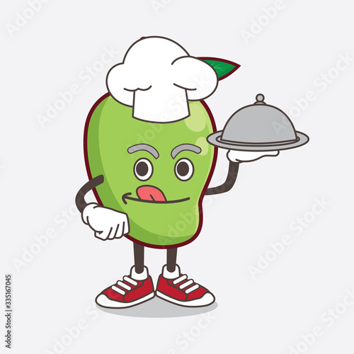 Mango Fruit cartoon mascot character as a Chef with food on tray ready to serve