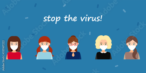 women in medical masks at a distance from each other. vector illustration.