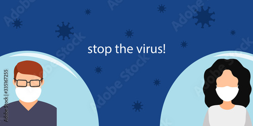 stop the virus! a man and a woman in medical masks at a distance from each other